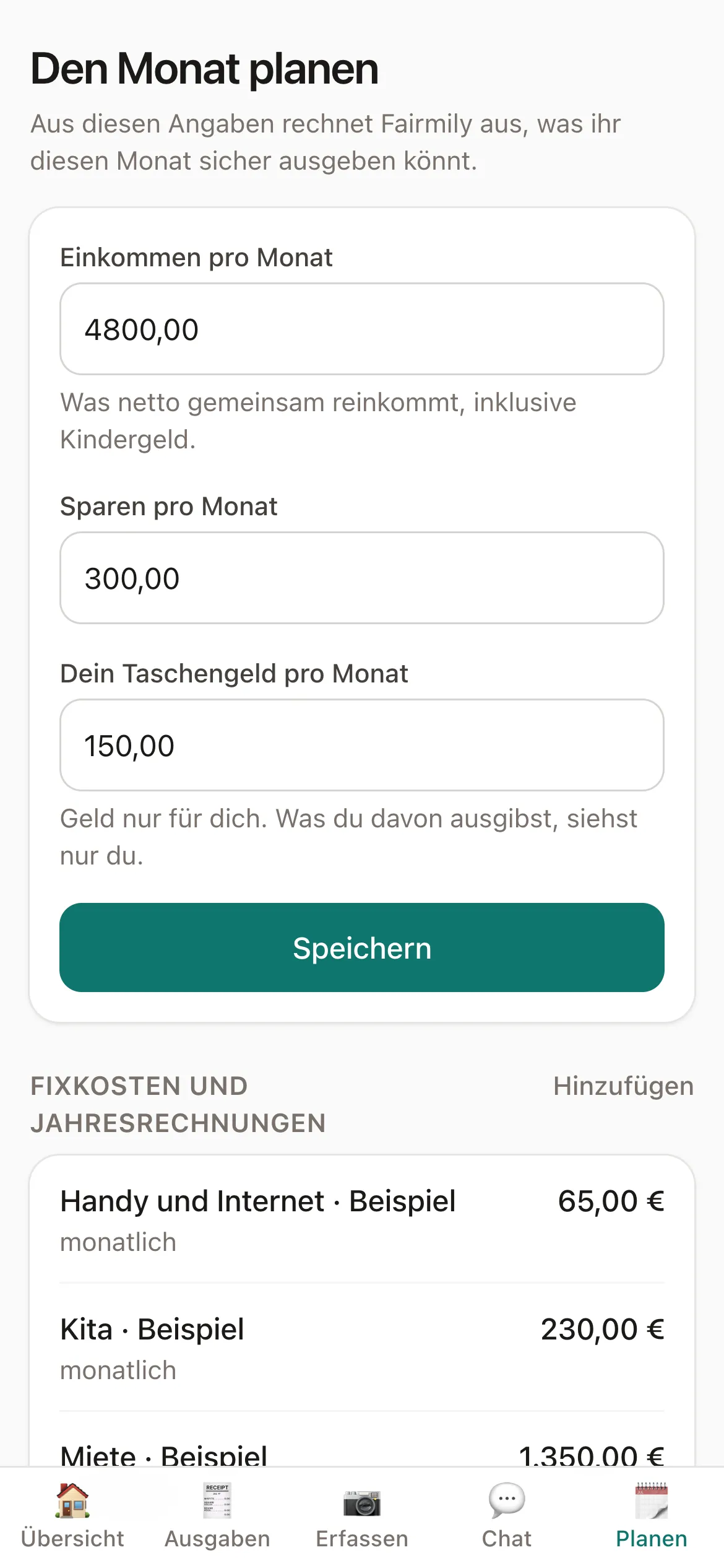 Der Monatsplan in Fairmily mit Einkommen, Fixkosten und Taschengeld